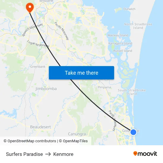 Surfers Paradise to Kenmore map