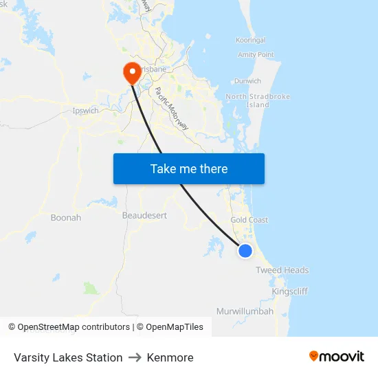 Varsity Lakes Station to Kenmore map