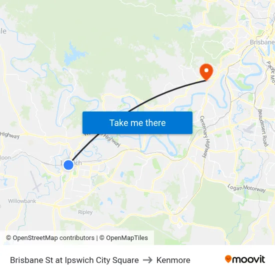 Brisbane St at Ipswich City Square to Kenmore map