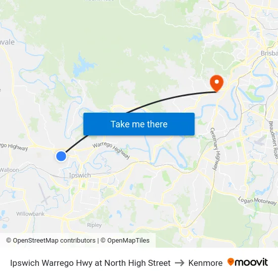 Ipswich Warrego Hwy at North High Street to Kenmore map