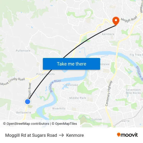Moggill Rd at Sugars Road to Kenmore map