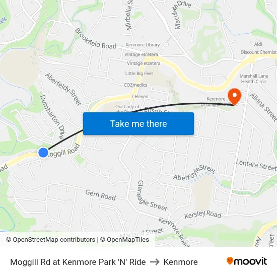 Moggill Rd at Kenmore Park 'N' Ride to Kenmore map