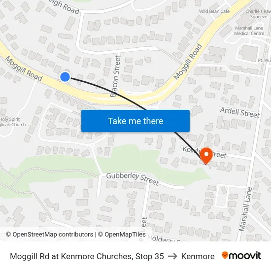 Moggill Rd at Kenmore Churches, Stop 35 to Kenmore map