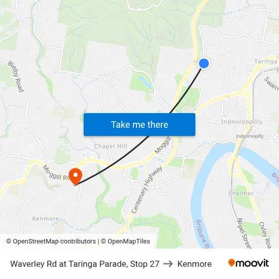 Waverley Rd at Taringa Parade, Stop 27 to Kenmore map