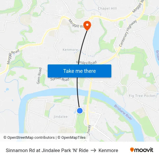 Sinnamon Rd at Jindalee Park 'N' Ride to Kenmore map