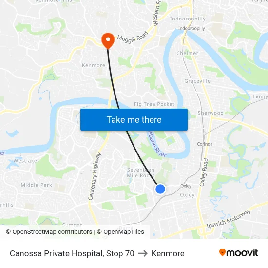 Canossa Private Hospital, Stop 70 to Kenmore map