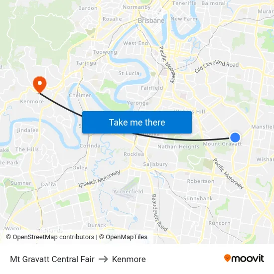 Mt Gravatt Central Fair to Kenmore map