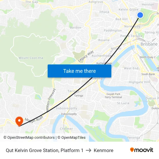 Qut Kelvin Grove Station, Platform 1 to Kenmore map