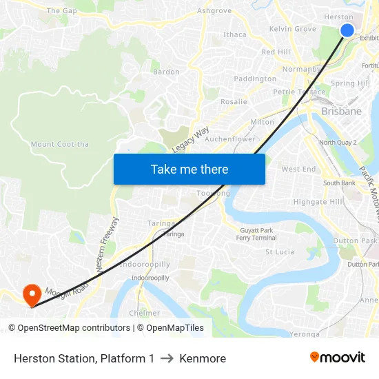 Herston Station, Platform 1 to Kenmore map