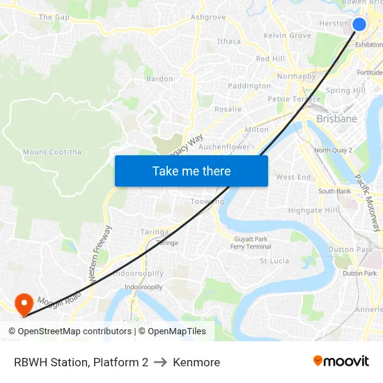 RBWH Station, Platform 2 to Kenmore map