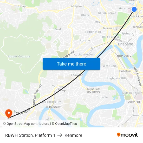 RBWH Station, Platform 1 to Kenmore map