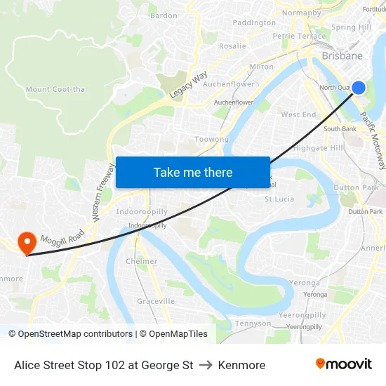 Alice Street Stop 102 at George St to Kenmore map