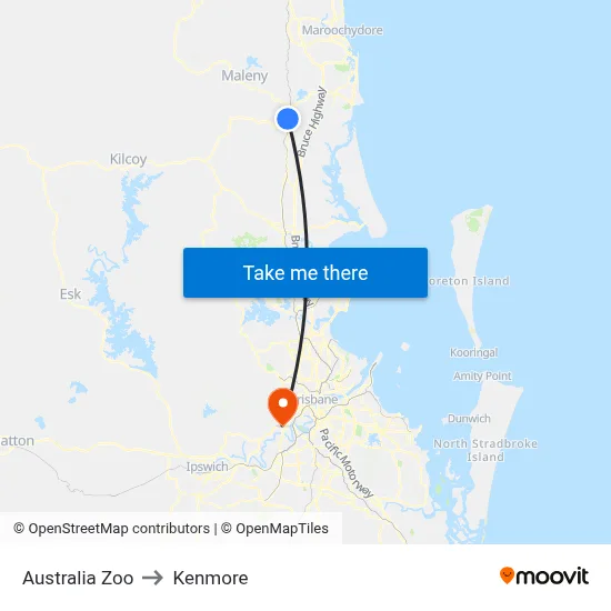 Australia Zoo to Kenmore map