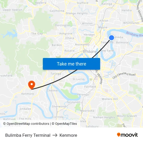Bulimba Ferry Terminal to Kenmore map