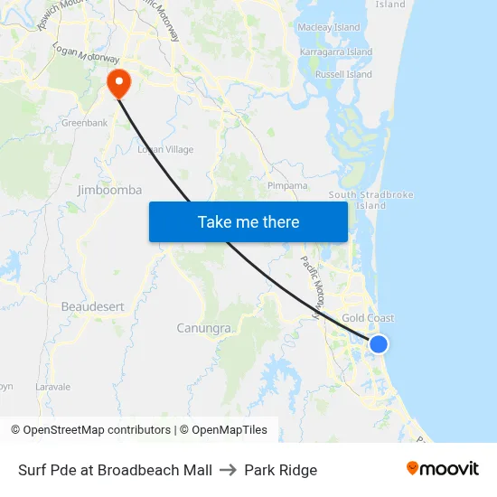 Surf Pde at Broadbeach Mall to Park Ridge map