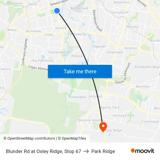 Blunder Rd at Oxley Ridge, Stop 67 to Park Ridge map