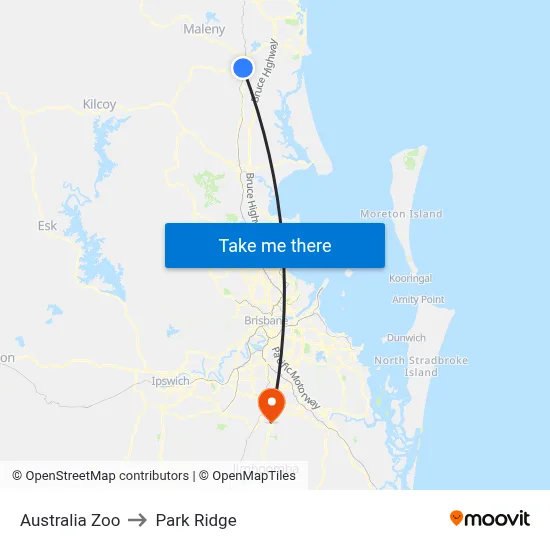 Australia Zoo to Park Ridge map