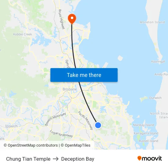 Chung Tian Temple to Deception Bay map