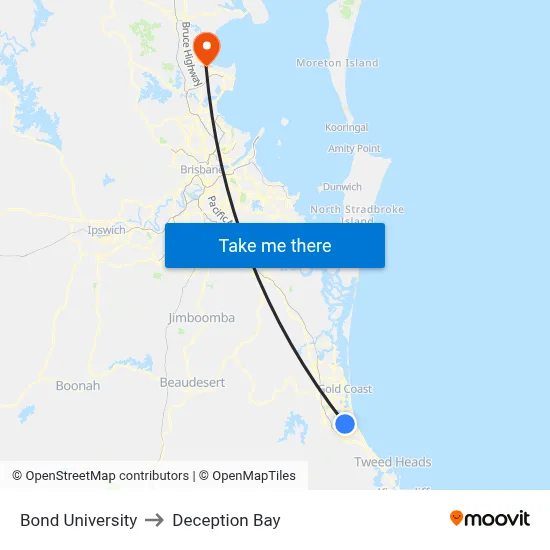 Bond University to Deception Bay map