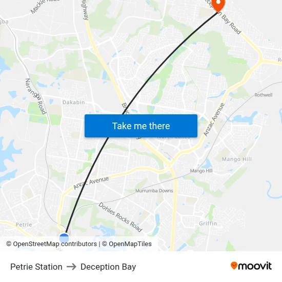 Petrie Station to Deception Bay map
