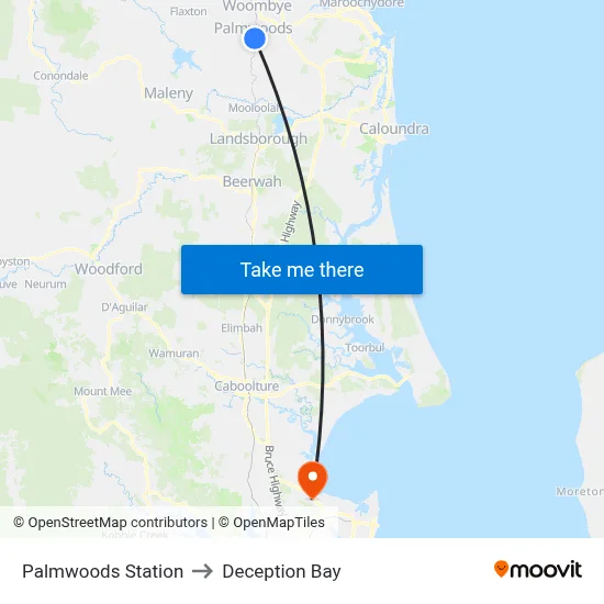 Palmwoods Station to Deception Bay map