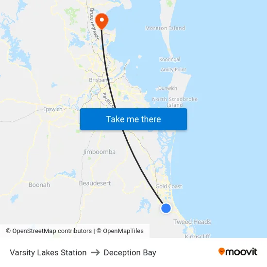 Varsity Lakes Station to Deception Bay map