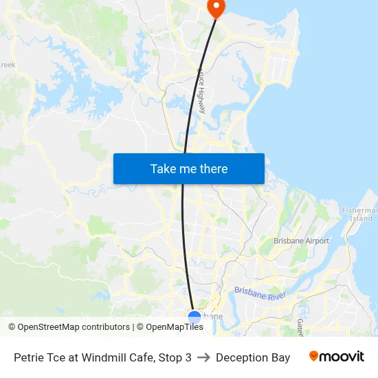 Petrie Tce at Windmill Cafe, Stop 3 to Deception Bay map