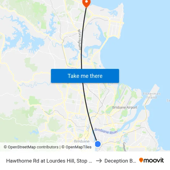 Hawthorne Rd at Lourdes Hill, Stop 21a to Deception Bay map