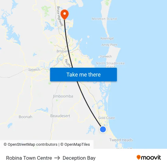 Robina Town Centre to Deception Bay map