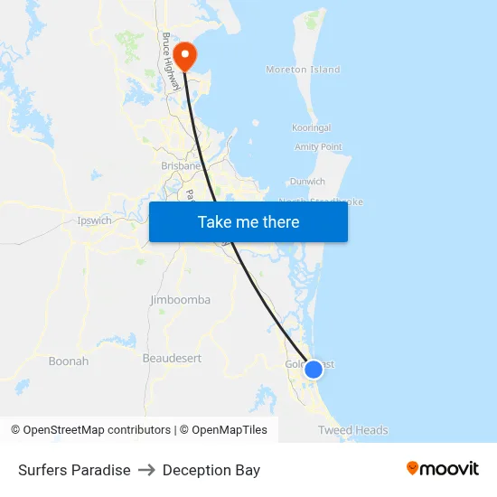 Surfers Paradise to Deception Bay map