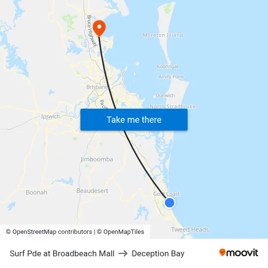 Surf Pde at Broadbeach Mall to Deception Bay map