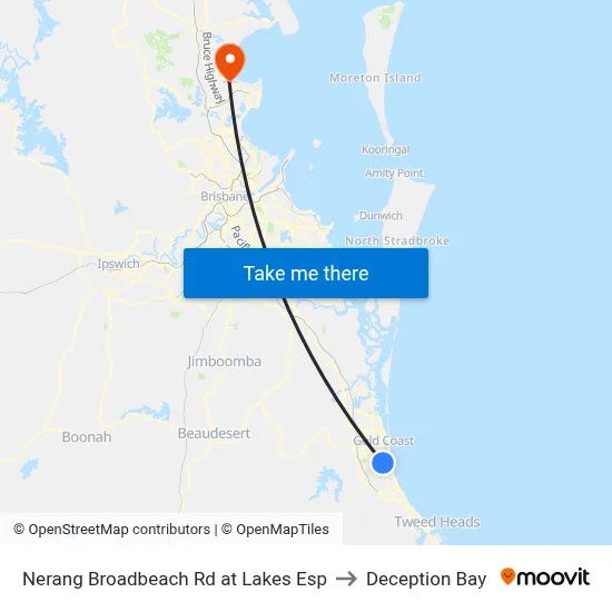 Nerang Broadbeach Rd at Lakes Esp to Deception Bay map