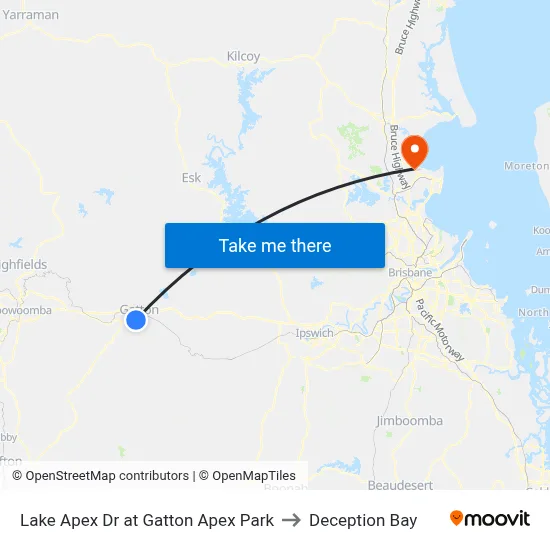 Lake Apex Dr at Gatton Apex Park to Deception Bay map