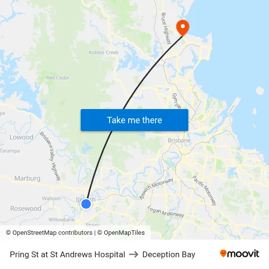 Pring St at St Andrews Hospital to Deception Bay map
