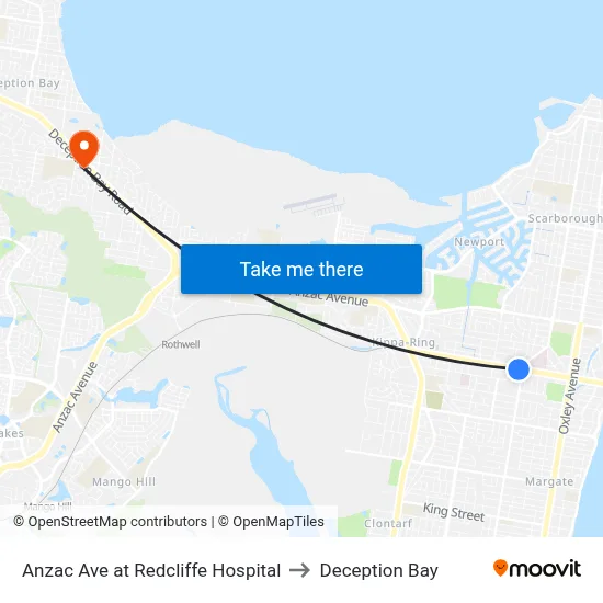 Anzac Ave at Redcliffe Hospital to Deception Bay map