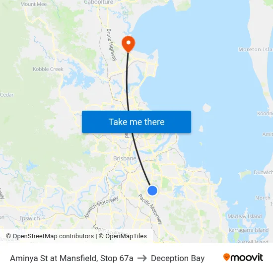 Aminya St at Mansfield, Stop 67a to Deception Bay map