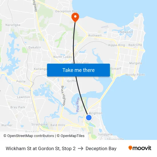 Wickham St at Gordon St, Stop 2 to Deception Bay map