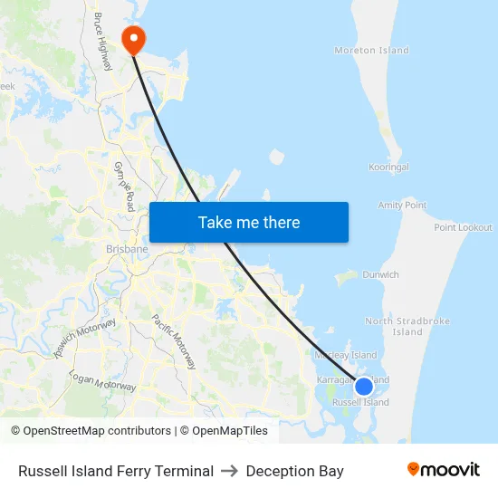Russell Island Ferry Terminal to Deception Bay map