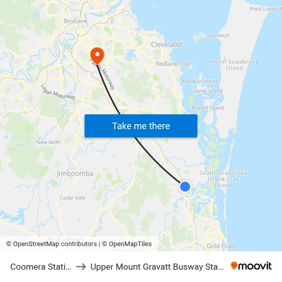 Coomera Station to Upper Mount Gravatt Busway Station map