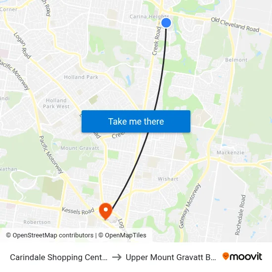 Carindale Shopping Centre Interchange to Upper Mount Gravatt Busway Station map