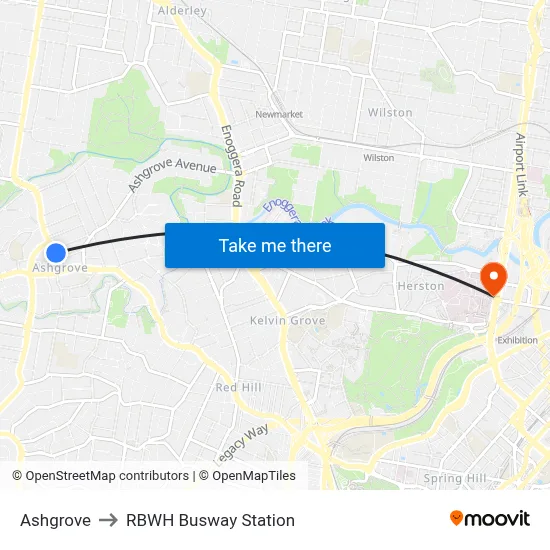 Ashgrove to RBWH Busway Station map