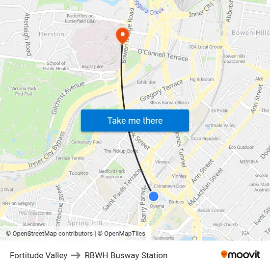Fortitude Valley to RBWH Busway Station map
