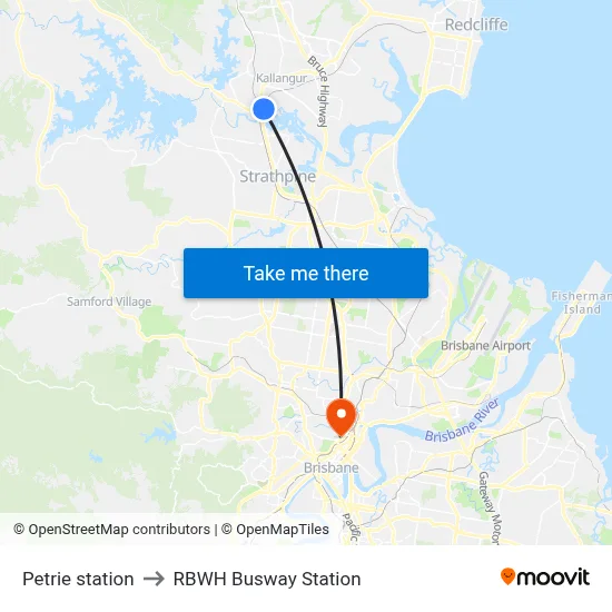 Petrie station to RBWH Busway Station map