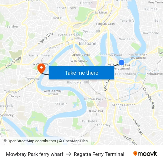 Mowbray Park ferry wharf to Regatta Ferry Terminal map