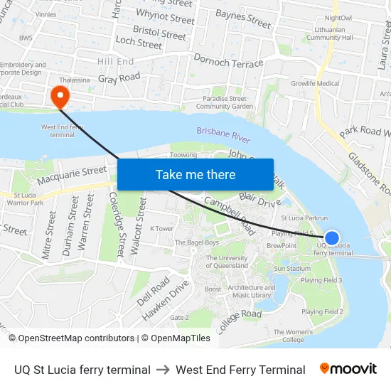 UQ St Lucia ferry terminal to West End Ferry Terminal map