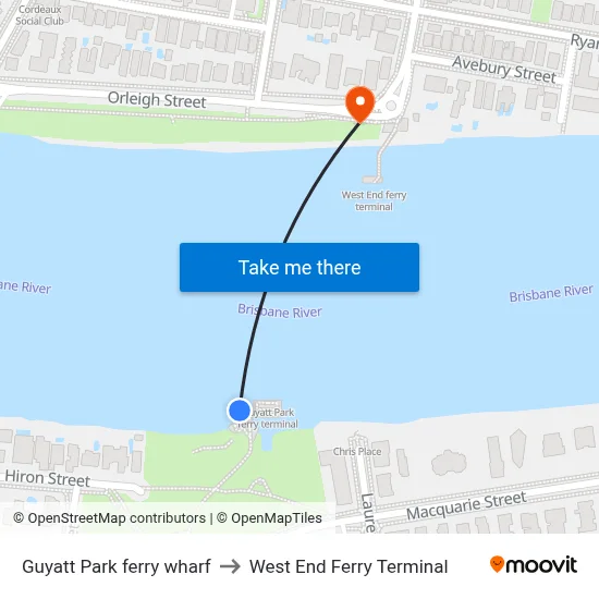 Guyatt Park ferry wharf to West End Ferry Terminal map
