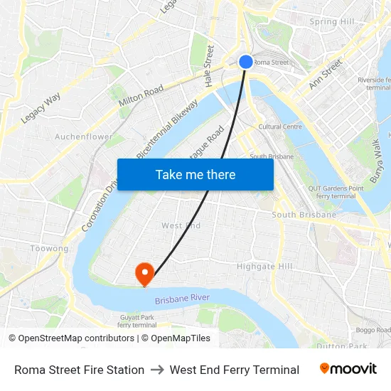 Roma Street Fire Station to West End Ferry Terminal map