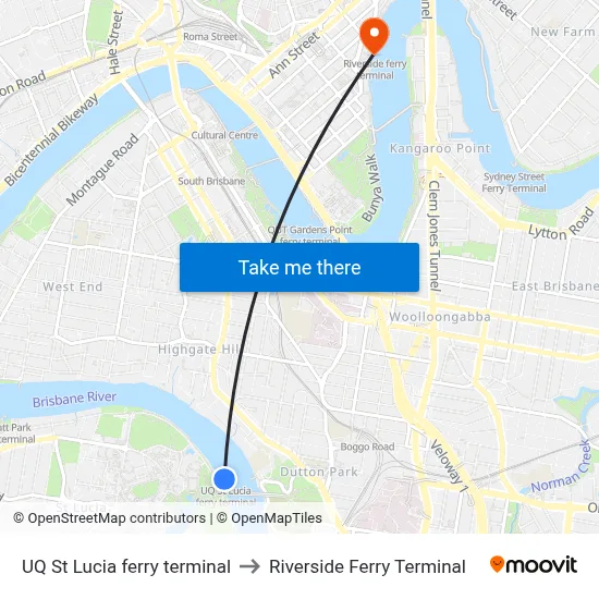 UQ St Lucia ferry terminal to Riverside Ferry Terminal map