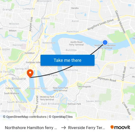 Northshore Hamilton ferry wharf to Riverside Ferry Terminal map