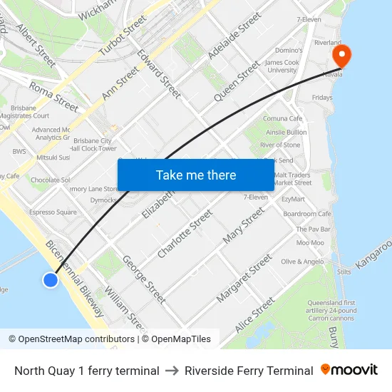 North Quay 1 ferry terminal to Riverside Ferry Terminal map